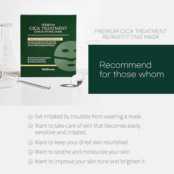 WELLDERMA Premium Cica Treatment Hydrogel Fitting Mask, 25g x 4 Sheets – Soothing & Hydrating Hydrogel Sheet Mask with Centella Leaf Water, Niacinamide & Hyaluronic Acid