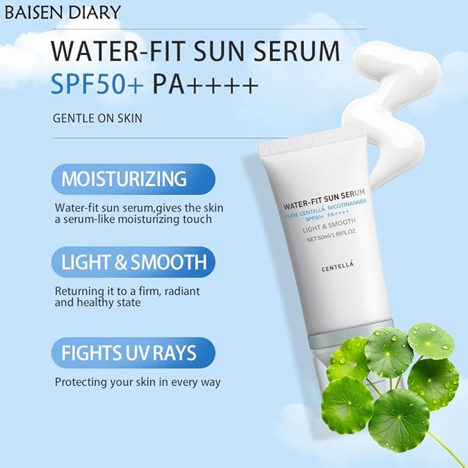 BAISEN DIARY 2PCS Centella Sunscreen SPF 50 PA++++, Hyalu Cica Water-Fit Sun Serum, Lightweight Sunscreen with Centella Asiatica, Hydrating & Non-Greasy Sun Protection for Sensitive Skin