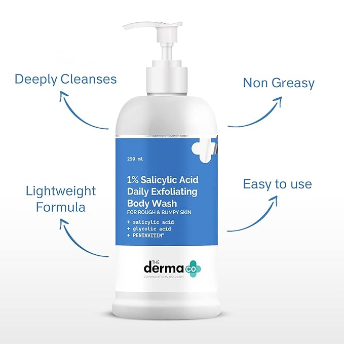 The Derma Co 1% Salicylic Acid Exfoliating Body Wash | Gently Cleanses & Exfoliates | Hydrating Body Cleanser | 8.45 Fl Oz/250ml
