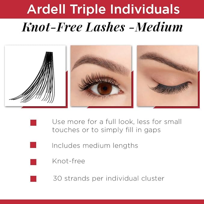 Ardell Triple Individual Lashes False Eyelashes, Knot-Free, Medium Black, DIY Lash Clusters, Natural-Looking Eyelash Extensions, 4 Pack