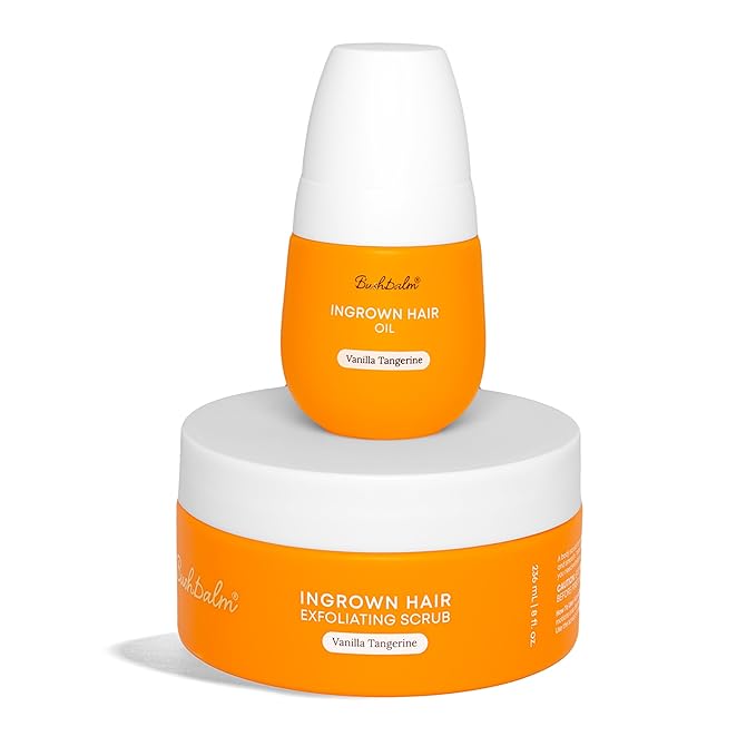 Bushbalm Ingrown Hair and Razor Bumps 2-Step Routine - Moisturize and Calm - Ingrown Hair Oil (30 ml) and Exfoliating Scrub (236 ml) - Vanilla Tangerine