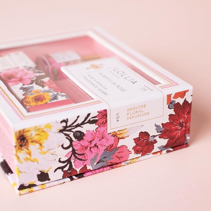 LOLLIA Always in Rose Fragrance Story Gift Set – .16 fl. oz. Eau de Parfum & .33 oz. Petite Treat Handcreme – Rose & Hibiscus – Hand Cream for Women, Travel Size Perfume, Hand Lotion for Dry Hands