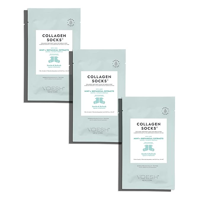 VOESH Collagen Socks, Collagen Socks for Dry Feet, 3 Pack, Peppermint Oil, Cracked Heel Repair, Moisturizing Socks, Spa Pedicure Treatment, Spa Socks, Foot Peel Masks, Vegan