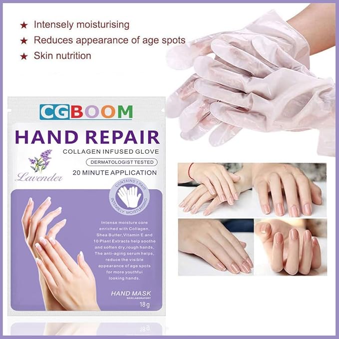 CGBOOM 3 Pairs Hand Masks Moisturizing Gloves, Hand Skin Repair Renew Mask Infused Collagen, Vitamins + Natural Plant Extracts for Dry, Aging, Cracked Hands (Lavender)