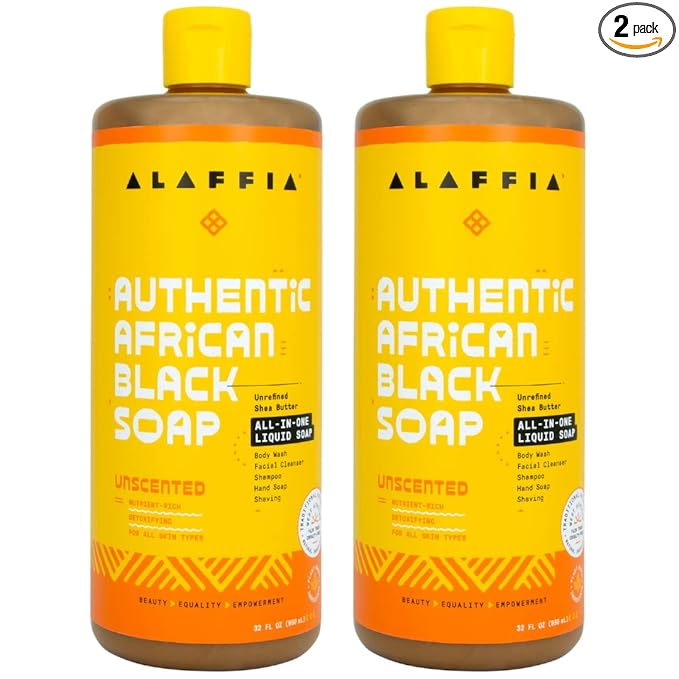 Alaffia Authentic African Black Soap, Unscented, 2-Pack – All-in-One Moisturizing Cleanser for Face, Hands, Body & Hair, 32 Oz Ea