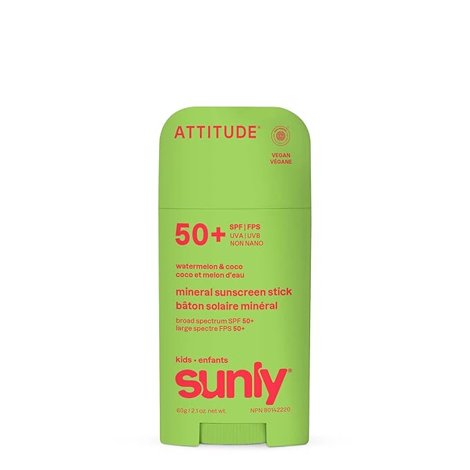 ATTITUDE Kids Mineral Sunscreen Stick SPF 50, Broad Spectrum Zinc Oxide, EWG Verified, Non-Nano, Mess-Free Stick for Face & Body, Lightweight Non-Greasy, Vegan, Watermelon & Coco Scent, 2 Oz