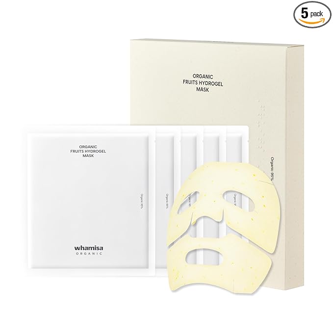 Whamisa Organic Fruits Hydrogel Facial Sheet Mask – Yuja, Hydration, Deep Moisture, Skin Care, Skin Elasticity, Blemish-Prone Skin Care, Pore Care, Fermentation, Korean Skin Care (5 PCS/Pack)