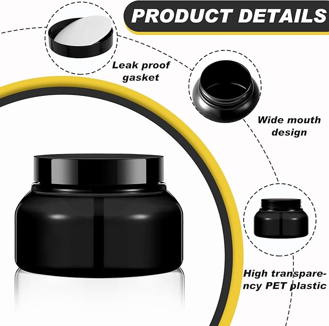Tessco for you 24 Pack Plastic Jars with Lids Labels Multiuse Slime Containers Empty Body Scrub Jars Round Refillable Cosmetic Body Butter Container for Makeup (8 oz,Black)