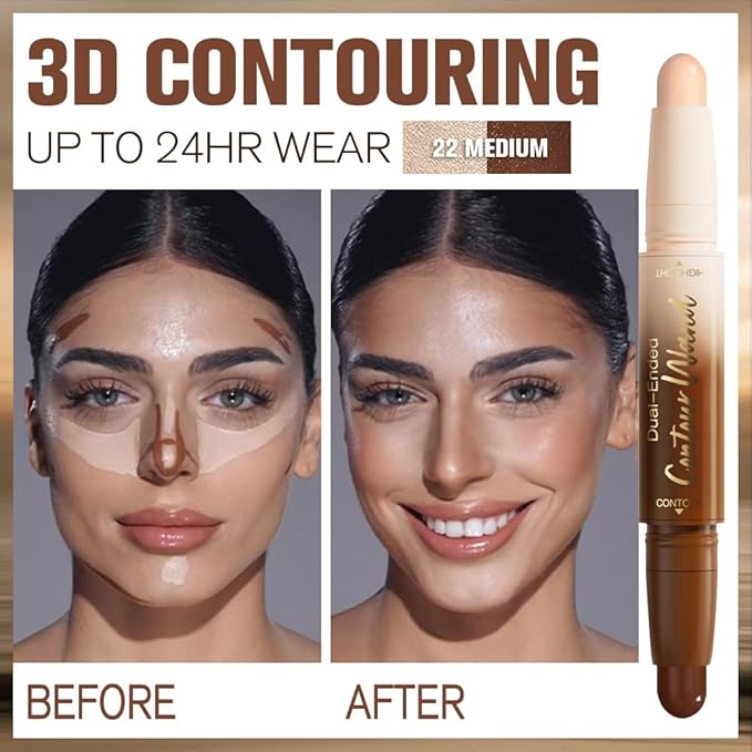 2Pcs Dual Ended Contour Stick Set, 22# + 24# Cream Concealer Highlighter, Waterproof No Transfer Long-Lasting 2-in-1 Face Contour Bronzer Sticks for Daily Makeup