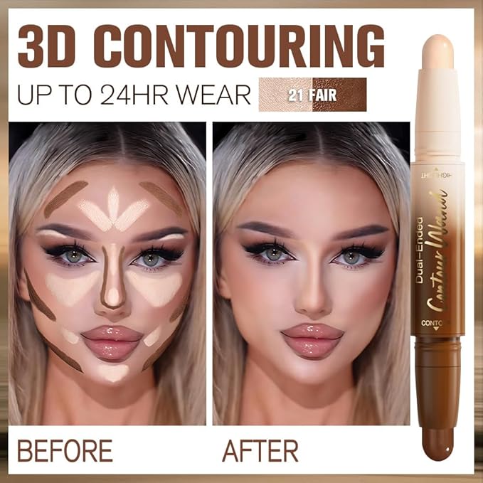 2Pcs Dual Ended Contour Stick Set, 21# + 23# Cream Concealer Highlighter, Waterproof No Transfer Long-Lasting 2-in-1 Face Contour Bronzer Sticks for Daily Makeup
