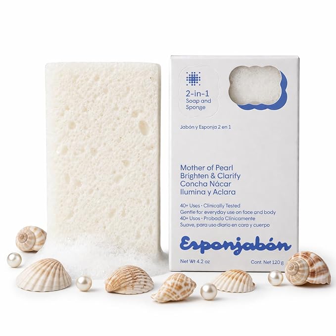 T. Taio Mother of Pearl Esponjabon Soap Sponge - Gentle Shower Scrubber - Cleaning Bath Wash Scrub - Dirt & Oil Removal - Massage & Lather Foot, Elbow, & Face Bathroom Accessories Fresh Nacre Scent