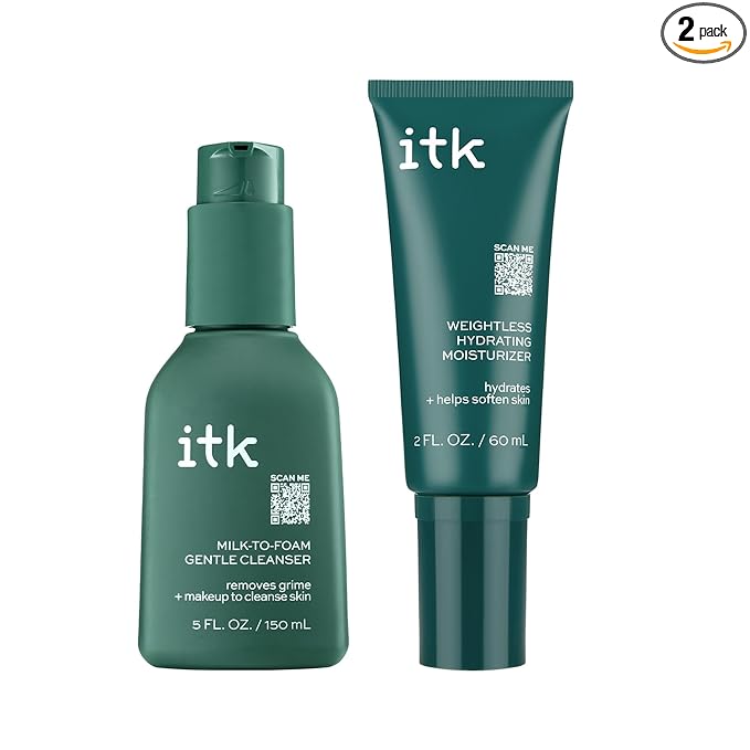ITK Skincare Cleanser + Moisturizer Set - Milk-To-Foam Face Wash Cleanser + Weightless Hydrating Moisturizer for Smooth and Nourished Skin - Helps Remove Makeup + Hydrate Skin - Skincare Gift Set