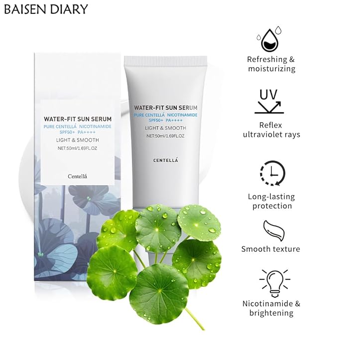 BAISEN DIARY 2PCS Centella Sunscreen SPF 50 PA++++, Hyalu Cica Water-Fit Sun Serum, Lightweight Sunscreen with Centella Asiatica, Hydrating & Non-Greasy Sun Protection for Sensitive Skin
