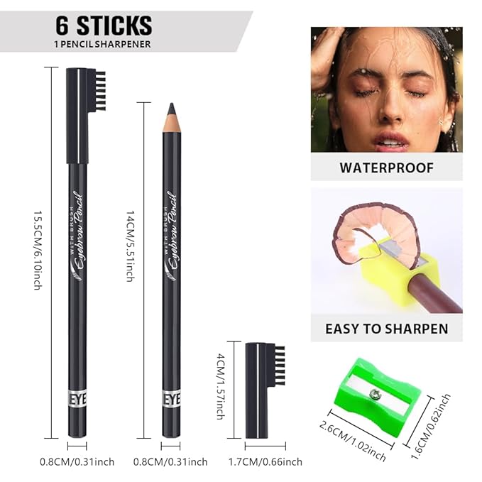 WanTuoluo Eyebrow Pencils for Women with Sharpener, 6Pcs Hard-Core Wooden Eye Brow Eye Liner Pencils for Beginner Makeup, Waterproof & Sweat-Proof (6Pcs-Gray)