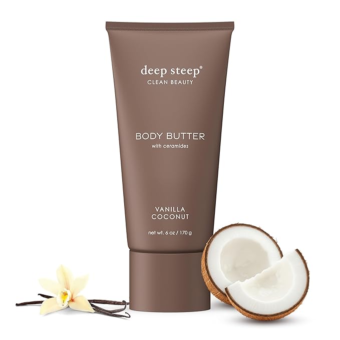 Deep Steep Body Butter, 6 oz – Rich Moisturizer with Ceramides, Coconut Oil, Argan Oil & Aloe Vera – Vegan, Clean Beauty, Smooth & Hydrated Skin (6 Ounces, Vanilla Coconut)