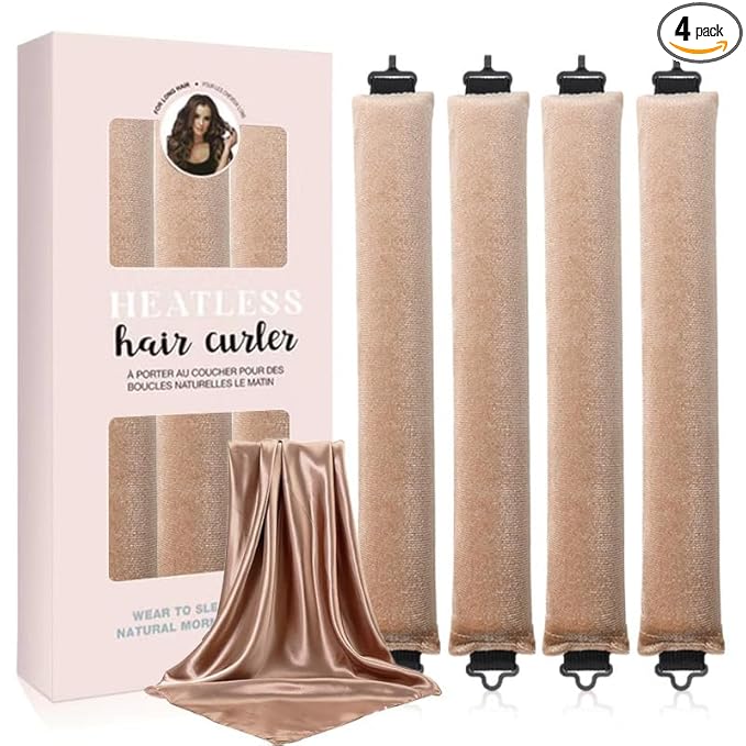 Heatless Hair Curls Overnight Curler - 4 Pcs Curling Rod to Sleep In, Velvet Hair Rollers with Satin Hair Scarf (Khaki)