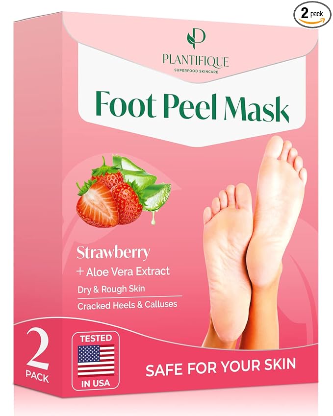 PLANTIFIQUE Foot Peeling Mask 2 Pack | Dermatologically Tested Repairs Heels & Removes Dry Dead Skin for Baby Soft Feet | Exfoliating Foot Peel Mask for Dry Cracked Feet | Strawberry
