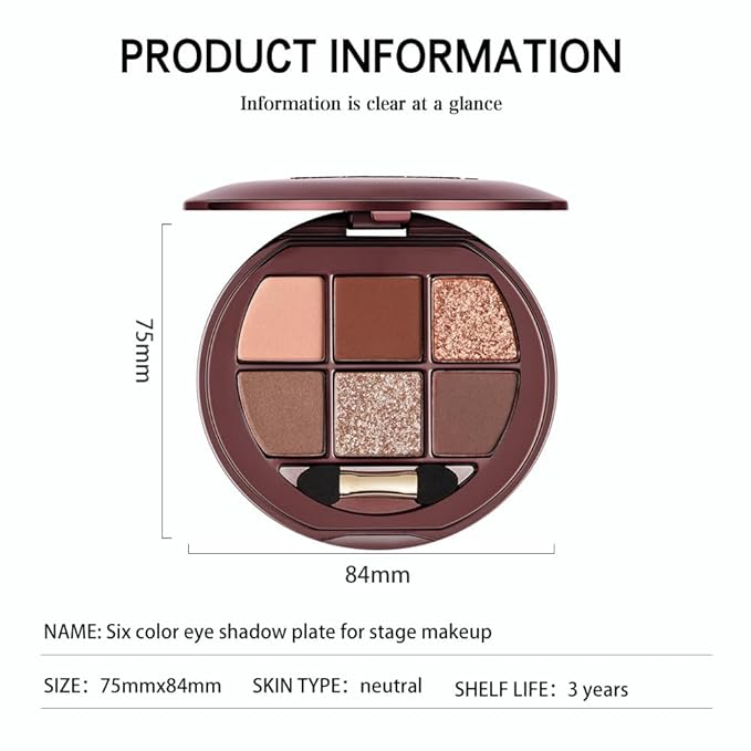 Matte Shimmer Glitter Mini Eyeshadow Palette – 6-Color Warm Caramel Rust Eye Shadow Kit, High Pigment Long-Lasting Waterproof Nude Brown Smokey Eyes Makeup Palette for Daily Wear & Soft Glam Looks