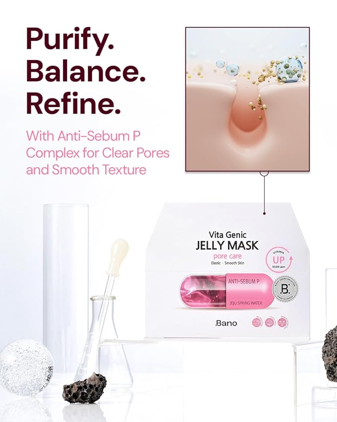 Bano Vita Genic Jelly Face Pore Care Mask 10EA – Hydrating Sheet Mask for Sensitive Skin, Korean Glass Skin Care with Spring Water, Vitamin C and Niacinamide, Sebum Control, Fragrance-Free