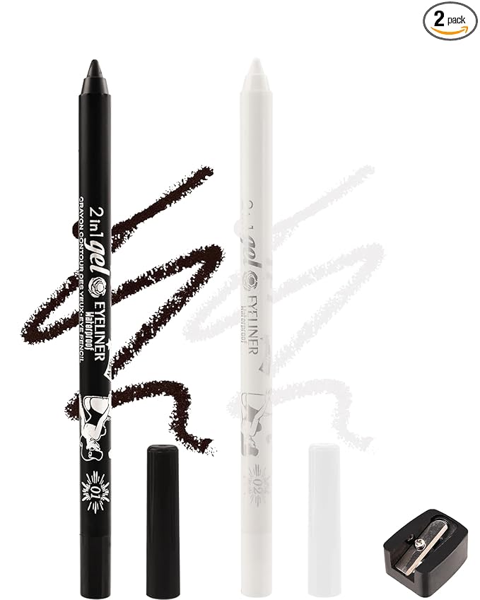 Black White Waterline Eyeliner Gel Pencil, Long Stay Eyeliner Waterline Waterproof Smudge-Proof, Safe for Sensitive Eyes, Eye Liner Brightener Pen with Sharpener, Soft Cream Rich Color Eye Makeup Pen