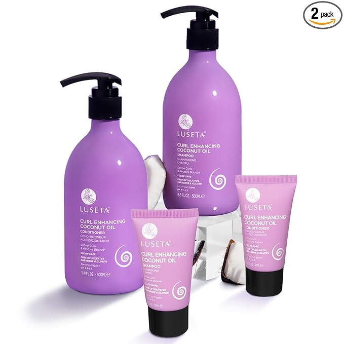 Luseta Curly Hair Shampoo and Conditioner with Coconut Oil for Curly,Wavy, Coily Hair – Sulfate-Free Travel Size Shampoo and Conditioner for Defined, Frizz-Free Curls(2x16.9 FL Oz + 2x1.01 FL Oz)