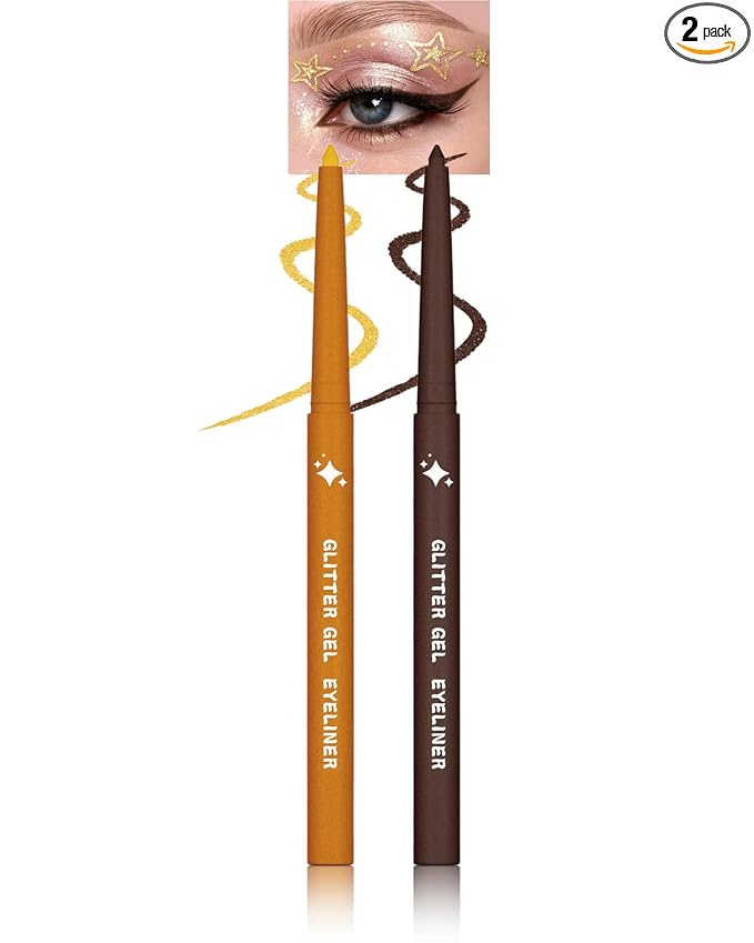2 PCS Gold Eyeliner Pencil Set, Glitter Cream Gel Eyeliner Pencil kit, Waterproof & Smudge-proof Waterline Eye Liner Pen Beauty Makeup for Mature Women, Girls, Daily, Party, Halloween- Gold Set