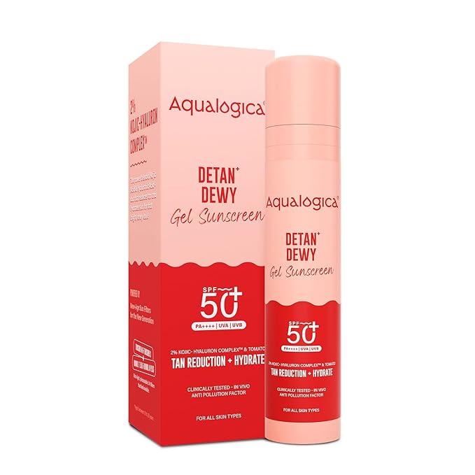 Aqualogica Detan+ Dewy Sunscreen SPF 50+ PA++++ with Cherry Tomato & HA - 50 g Broad Spectrum SPF 50+ PA++++ UVA/B & Blue Light Protection Anti-Pollution Factor (APF) Technology
