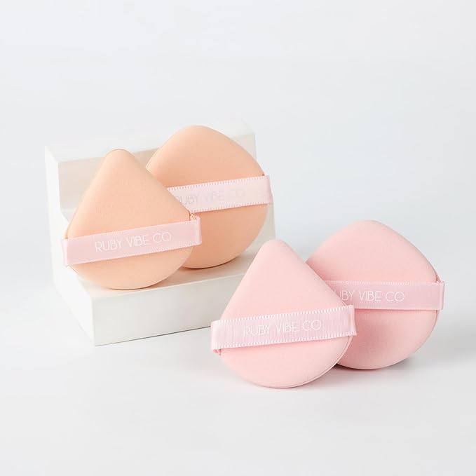 RubyAir Luxe Puffs, Set 2 Air Puffs, Round and Triangle Shapes, Latex-Free Velvet, Beige, for Foundation, Concealer, Blush, Setting Powder, Wet or Dry Use, All Skin Types | RUBY VIBE CO