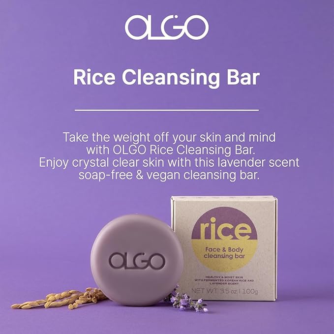 OLGO Rice Cleansing Bar 3.5 oz - Soap-Free Cleansing Bar for Face and Body | Crystal Clear & Moist Skin with Fermented Korean Rice Water and Natural Lavender Oil | Vegan, Sustainable Formula