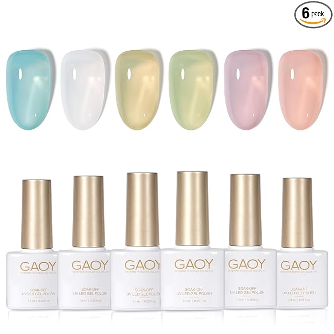 GAOY Jelly Green Spring Summer Gel Nail Polish Set, 6 Transparent Colors Sheer White Blue, Soak Off UV Light Cure Gel Polish Kit for Nail Art DIY at Home