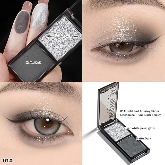 Silver Shimmer & Charcoal Black Matte Eyeshadow Palette, 2 Color Smokey Eye Shadow Smooth Blendable Long Lasting Cool Tone Mini Travel Eyeshadow Palette for Glam Party Looks 1#