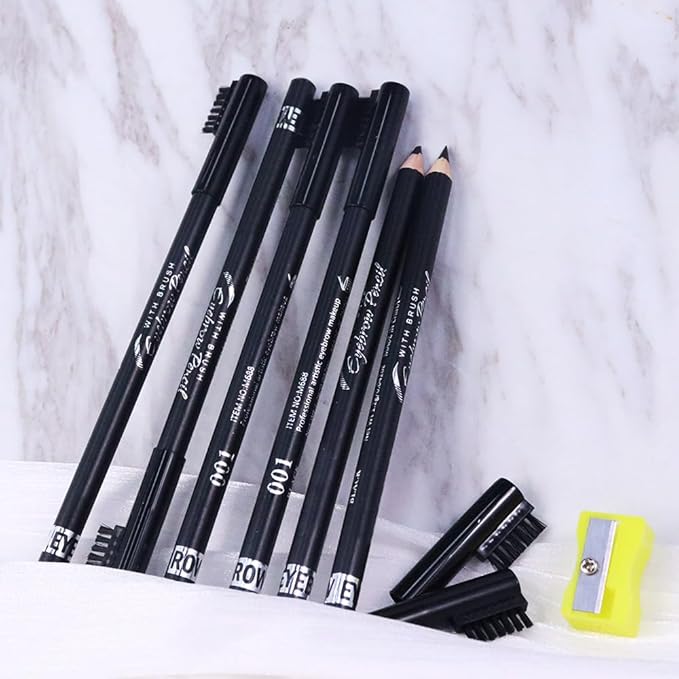 6Pcs Eyebrow Pencils for Women, Wooden Hard-Core Eyebrow and Eyeliner Pencil, Long Lasting Waterproof and Sweat-Proof, Beginner Makeup Brow Pencil With Eyebrow Brush and Pencil Sharpener (Black, 6Pcs)