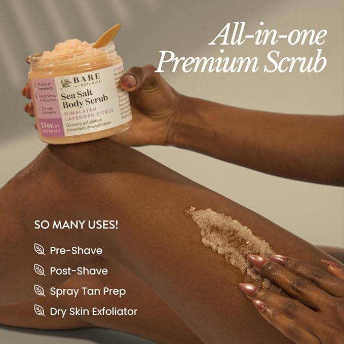 Bare Botanics 24oz Matcha Eucalyptus Sea Salt Body Scrub | Non-toxic, Vegan & Cruelty-free | Made in Madison, WI | Full Body Exfoliator & Hydrating Moisturizer with a Cute Wooden Spoon