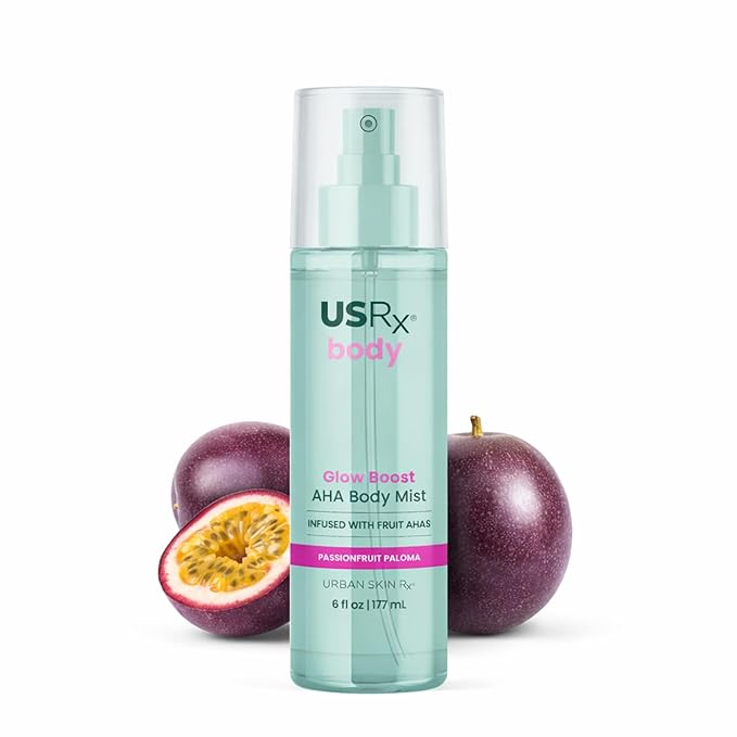 Urban Skin Rx Glow Boost AHA Body Mist, Helps Smooth, Gently Exfoliate, and Boost Radiance, Mood-Boosting Scent, Hydrate, Soothe, and Refresh, Non-Greasy, Fast-Absorbing, Passionfruit Paloma, 6 Fl Oz