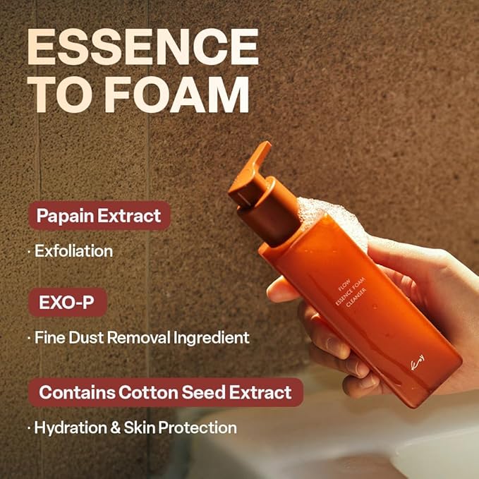 KOY Flow Essence Foam Cleanser, Gentle Facial Exfoliator, Deep Cleansing, Pore Care and Makeup Removal with Cottonseed Extracts, Papain Extract for Moisturizing, 5.07 fl oz