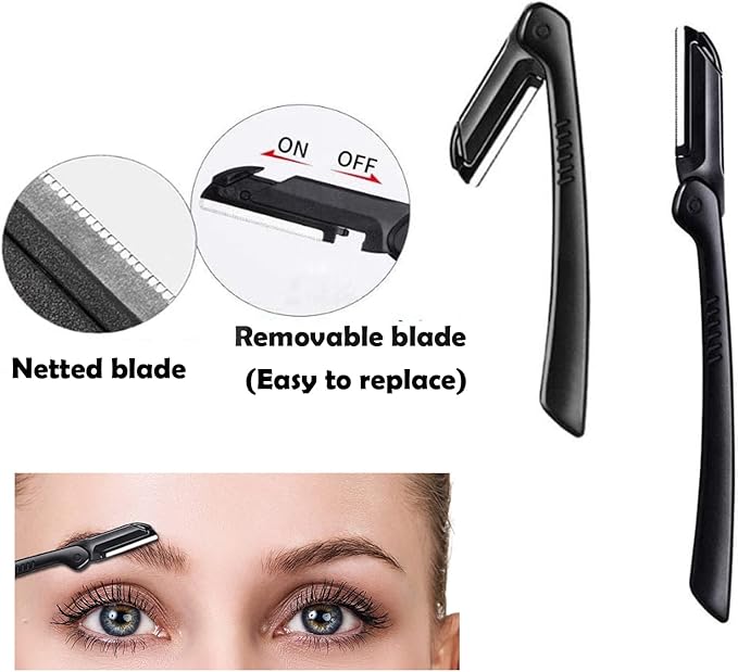 Eyebrow Razor Kit, 6 in 1 Professional Eyebrow Grooming Set for Women and Men, Including 3 Eyebrow Razors Trimmer,1 Tweezer,1 Scissor,1 Eyelashes Roller,1 Storage Bag