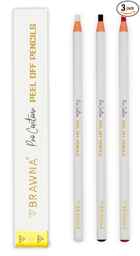 BRAWNA 3 Pcs Pro Contour Peel-Off Pencils - White, Black & Red - Wax Mapping Pencils for PMU, Microblading & Brow Artists - Precision Pre-Draw, Symmetry Mapping & Design Outlining - Long-Lasting