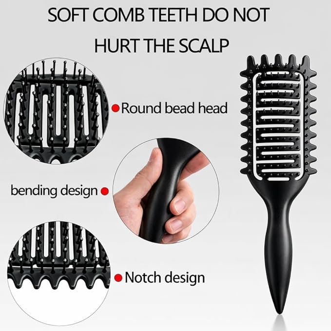 Curl Defining Brush for Curly Hair, Vented Detangling Hair Brush for Wet and Dry Styling, Curved Brush for Shaping and Smoothing Curl Clumps, Lightweight Hair Brush （Black）
