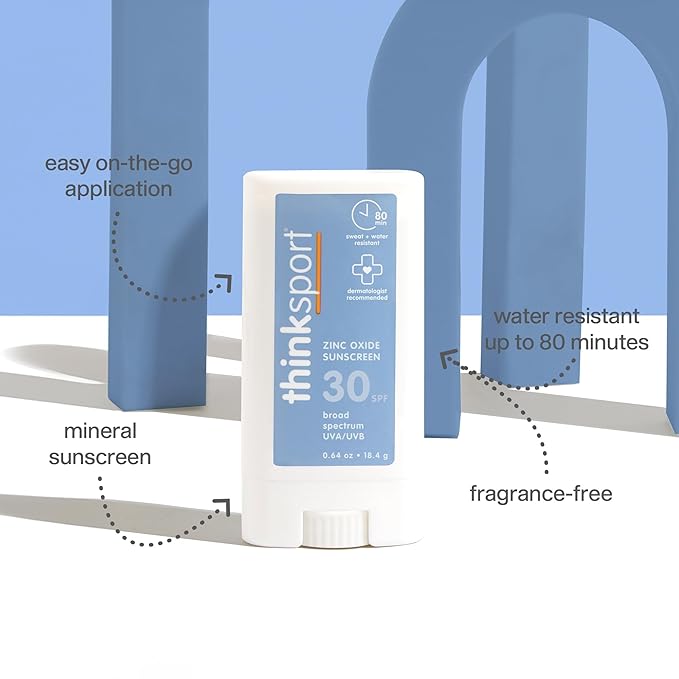 Thinksport SPF 30 Sport Sunscreen Stick with Zinc Oxide, 0.64 oz – Safe, Natural, Water Resistant Sunscreen Stick – Mineral UVA/UVB Sun Protection – Reef Safe Sunscreen