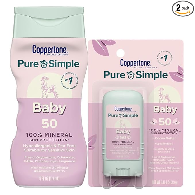 Coppertone Pure and Simple Baby Mineral Sunscreen Lotion SPF 50 (6 Fl Oz) + Baby Sunscreen Stick SPF 50 (0.49 Oz), Hypoallergenic and Fragrance Free