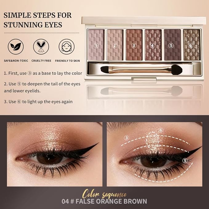 Deep Brown Smokey Matte Shimmer Eyeshadow Palette, 6 Color High Pigment Blendable Eye Shadow Makeup for Older Women, Lightweight Travel Size, Suitable for All Eye Shapes, Dramatic Look Vegan 04#