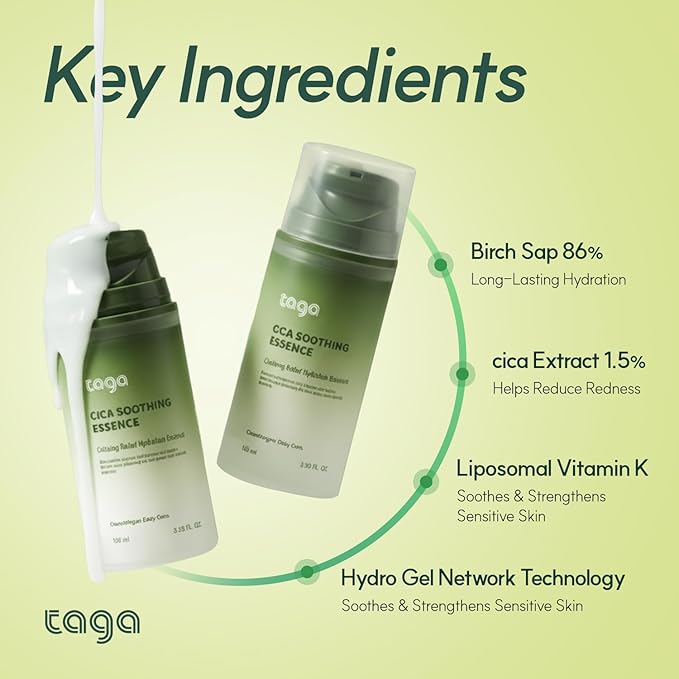 TAGA Cica Soothing Essence 100ml | Vegan Hypoallergenic Hydrating Essence for Sensitive & Irritated Skin | Lightweight, Non-Sticky Formula with Centella Asiatica | Calming Moisture Care for the Family