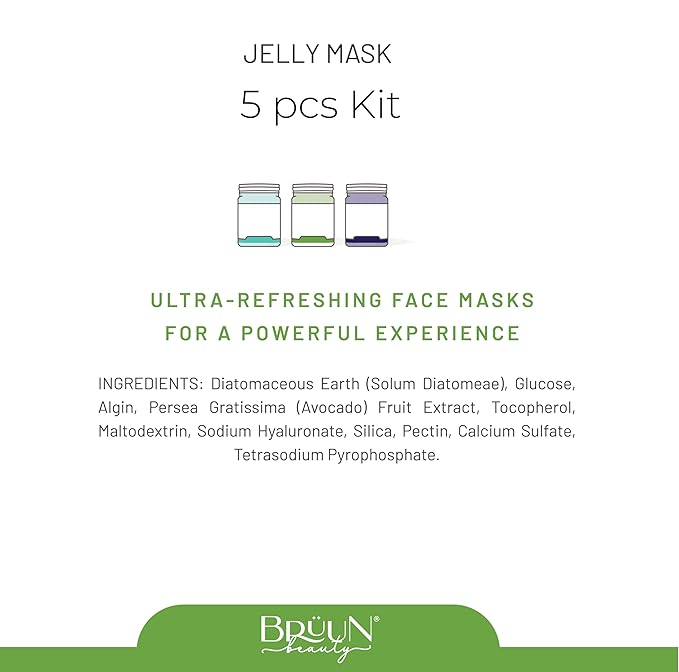 BRÜUN Peel-Off Jelly Mask for Face Care- A Bundle of 5 Different Treatment Jars (24k Gold, Egyptian Rose, Pomegranate, Aloe Vera and Hyaluronic)-Skin Care Moisturizing Gel Mask for Spa Set for Adults