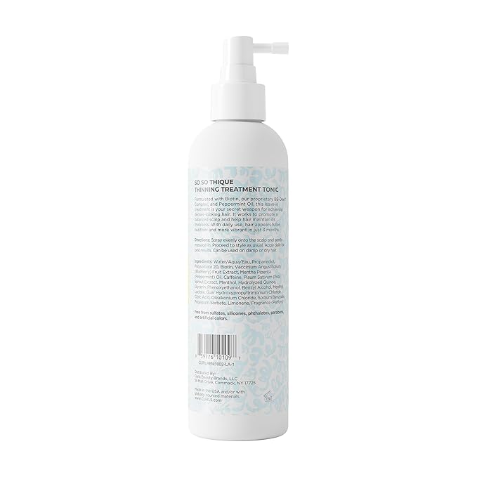 Curls So So Thique Thinning Hair Treatment Tonic - 8 fl oz, Promotes Fuller-Looking, Stronger Hair, Strengthens & Hydrates Scalp with Biotin, Caffeine & Peppermint Oil, Easy Absorption