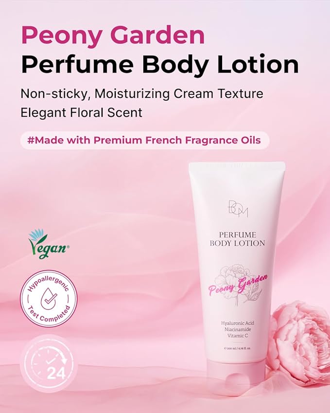 BOM Peony Garden Perfume Body Lotion 6.76 Fl Oz, Floral Scented Body Cream with Hyaluronic Acid, Niacinamide & Vitamin C, Long-Lasting Moisture & Fragrance, Non-Sticky & Smoothing, Korean Skincare