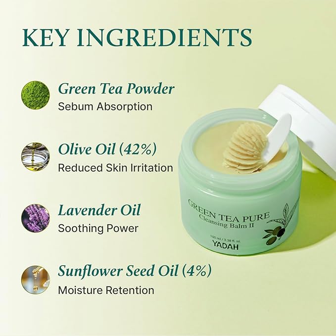 YADAH Green Tea Matcha Sorbet Cleansing Balm II (3.38 fl oz) – Makeup Remover for Sensitive Skin, Gentle Melting Balm, Hydrating, Residue-Free, Vegan