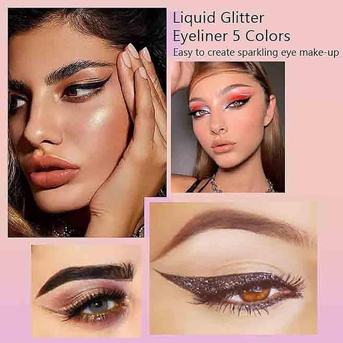 Glitter Eye Liner Liquid, 5 Colors Sparkling Diamond Metallic Eyeliner - Gold, Black, Silver, White - Waterproof Lasting Shimmer & Eyeshadow Fluid, Dazzling Eye Makeup for Women