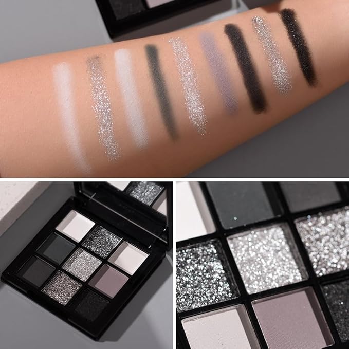 BAISEN DIARY 9 Color Smokey Eyeshadow Palette - Highly Pigmented Matte & Glitter Shades, Long-Lasting, Waterproof & Blendable, Black Silver Gray Eyeshadow Set for Sultry Glam (Reversal Star Smokey)