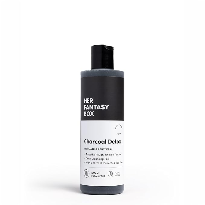 Her Fantasy Box | Charcoal Detox Exfoliating Body Wash – Activated Charcoal & Pumice Deep Cleanser with Tea Tree & Eucalyptus, Refreshing Exfoliation for Smoother Skin, Vegan & pH Balanced (8 oz)
