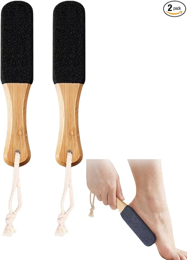 2-Pack Professional Pedicure Foot File with Wooden Handle & Pumice Stone - Callus Remover for Feet & Hands, Foot Scrubber for Dead Skin, Dry Rough Feet, Cracked Heels and Corns